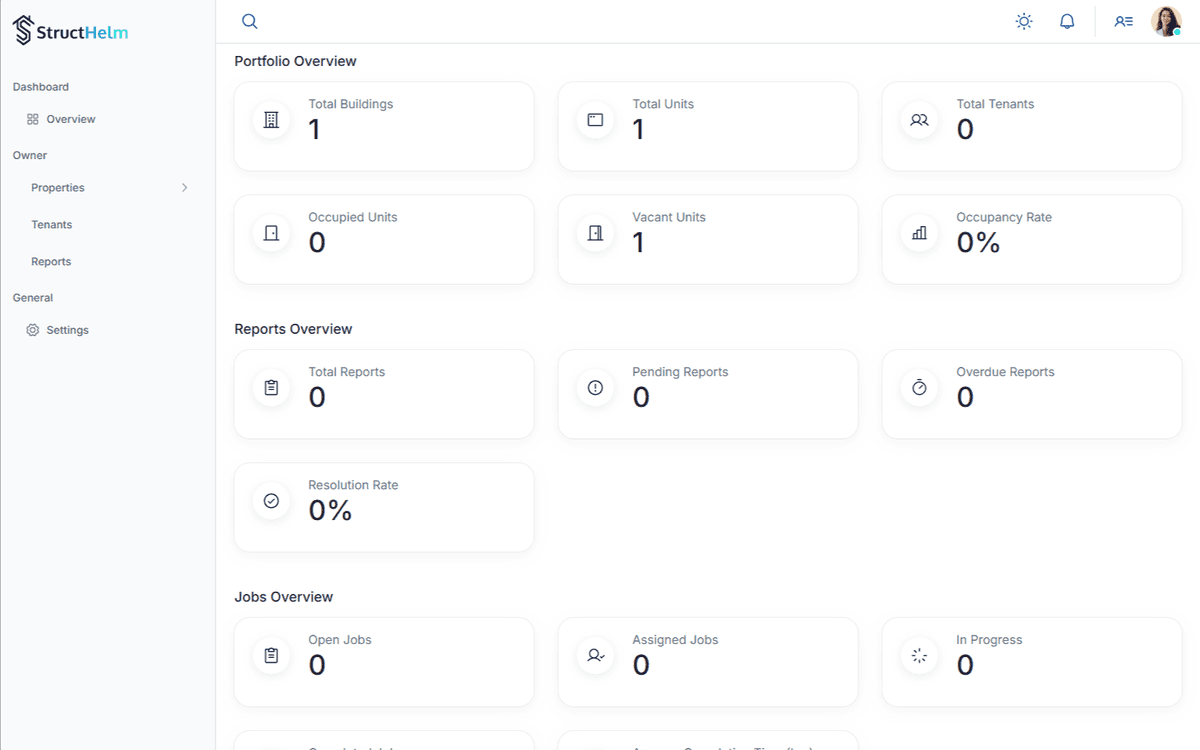 StructHelm dashboard with property metrics and maintenance workflows